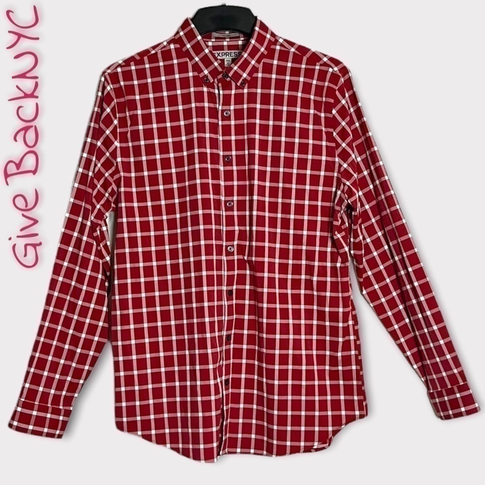 Express Fitted Button down Dress Shirt Plaid Red White Size L